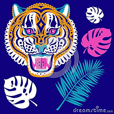 Decorated head of tiger animal stickers design flat vector illustration isolated on white background symbol 2022 year Vector Illustration