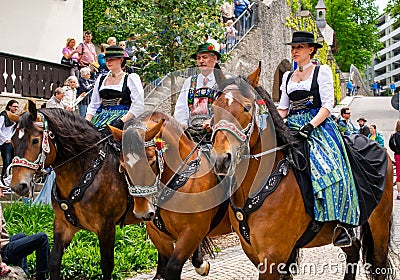 Decorated horse team at a parade in Garmisch-Partenkirchen, Garmisch-Partenkirchen, Germany - May 20. Editorial Stock Photo