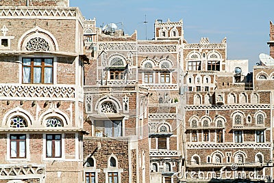 The decorated houses of old Sana Stock Photo