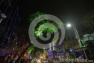 Decorated and illuminated street during Durga puja festival night Editorial Stock Photo