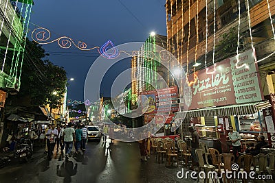 Decorated and illuminated street during Durga puja festival night Editorial Stock Photo