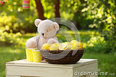 Decorated lemonade stand in park. Summer refreshing drink Stock Photo