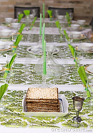 Decorated Passover Seder table in Tel Aviv, Israel Stock Photo