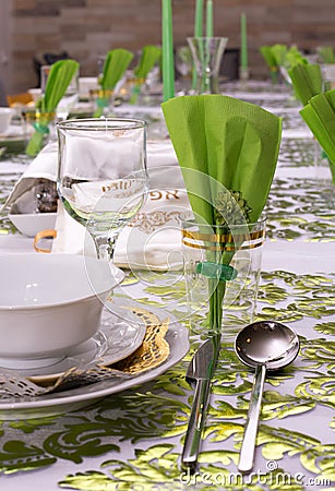 Decorated Passover Seder table in Tel Aviv, Israel Editorial Stock Photo