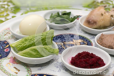 Decorated Passover Seder table in Tel Aviv, Israel Stock Photo