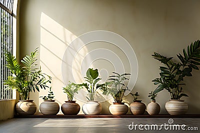 Decorated plants and flowers pots for bare cement and loft wall style. Home and hotel decoration idea design Stock Photo