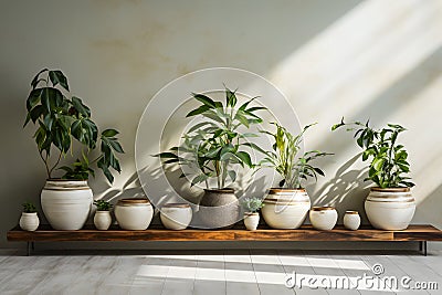 Decorated plants and flowers pots for bare cement and loft wall style. Home and hotel decoration idea design Stock Photo