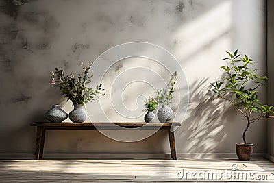 Decorated plants and flowers pots for bare cement and loft wall style. Home and hotel decoration idea design Stock Photo