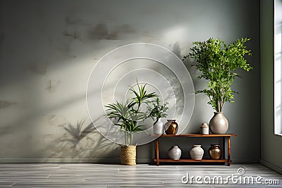 Decorated plants and flowers pots for bare cement and loft wall style. Home and hotel decoration idea design Stock Photo