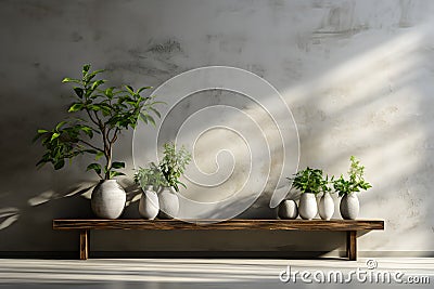 Decorated plants and flowers pots for bare cement and loft wall style. Home and hotel decoration idea design Stock Photo