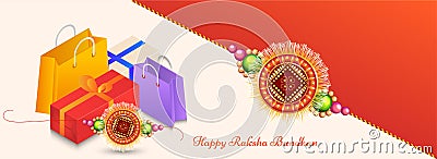 Decorated rakhi with gift boxes and shopping bag for Happy Raksha Bandhan celebration. Stock Photo