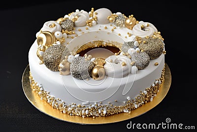 decorated ring cake with sprinkle of gold and silver dragees Stock Photo