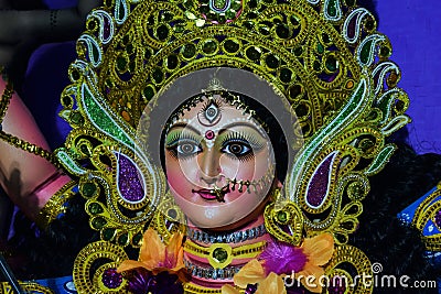 Decorated and sculpture Face of devi durga, the hindu goddess during durgapuja festival Stock Photo