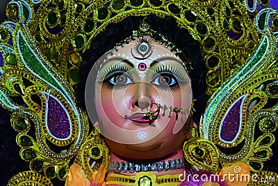 Decorated and sculpture Face of devi durga, the hindu goddess during durgapuja festival Stock Photo