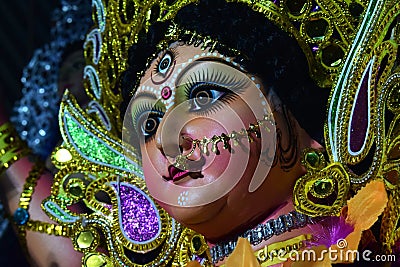 Decorated and sculpture Face of devi durga, the hindu goddess during durgapuja festival Stock Photo