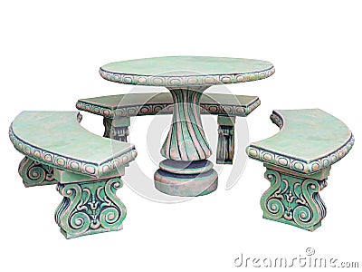 Decorated stone garden furniture table and chairs isolated over white Stock Photo