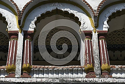 Decorated stone masonry Balcony over main Gateway at Vitthal Temple. Palashi, Parner, Ahmednagar Stock Photo