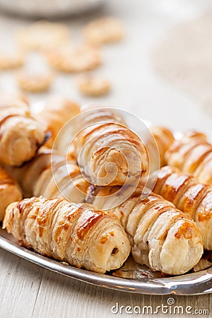 Decorated stuffed pasta entrees served on a tray Stock Photo