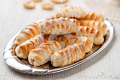 Decorated stuffed pasta entrees served on a tray Stock Photo