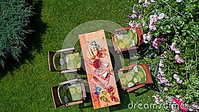 Decorated table with cheese, strawberry and fruits in beautiful summer rose garden, aerial top view of table food and drinks Stock Photo