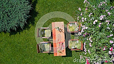 Decorated table with cheese, strawberry and fruits in beautiful summer rose garden, aerial top view of table food and drinks Stock Photo