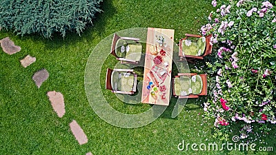 Decorated table with cheese, strawberry and fruits in beautiful summer rose garden, aerial top view of table food and drinks Stock Photo