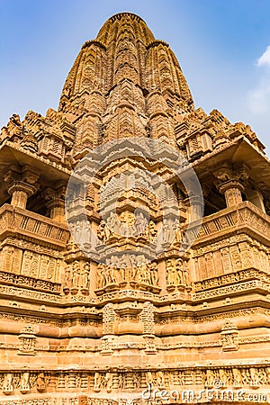 Decorated tower of the temple complex in Khajuraho Stock Photo