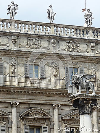 Decorated very rich facade of the palace Maffei to Verona in Italy. Editorial Stock Photo
