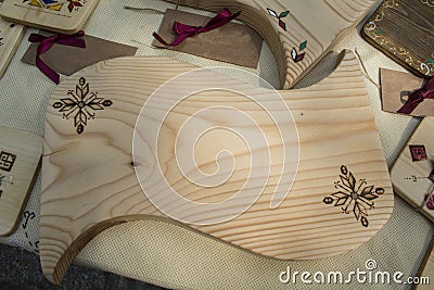Decorated wooden objects with traditional Bulgarian embroidery Stock Photo
