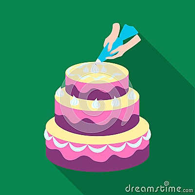 Decorating of birthday cake icon in flat style isolated on white background. Event service symbol stock vector Vector Illustration