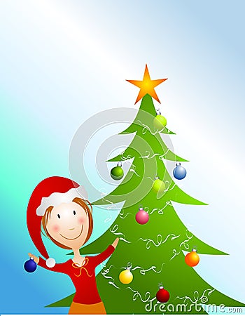 Decorating Christmas Tree Cartoon Illustration