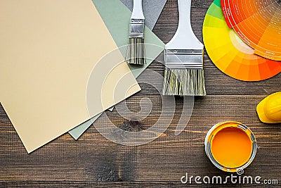 Decorating and house renovation tools and accessories on wooden table background top view mockup Stock Photo