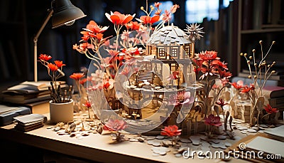 Decorating table with flower, plant, dessert, chocolate, candle, leaf, and cookie generated by AI Stock Photo