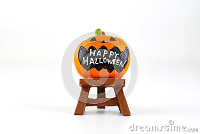 Decoration accessory jack lantern pumpkin Happy Halloween words on white background Stock Photo