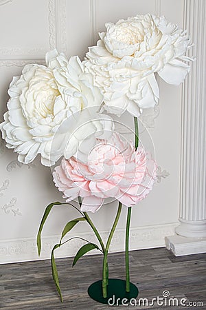Decoration artificial Peonies on the stand on white hall background Stock Photo
