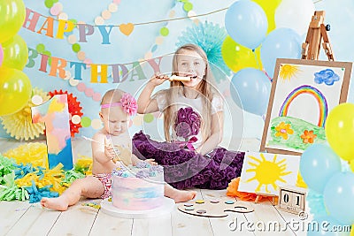 decoration for boy& x27;s first birthday, smash cake in a art painter style Stock Photo