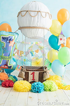 decoration for boy& x27;s first birthday, smash cake in aviator style Stock Photo