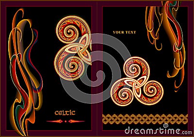 Decoration with Celtic triple trickle spiral ornament. Template for book cover or greeting card. Celtic knot pattern. Luxury Vector Illustration