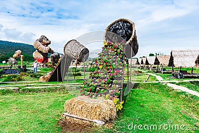 Decoration of flower with bamboo basket Editorial Stock Photo