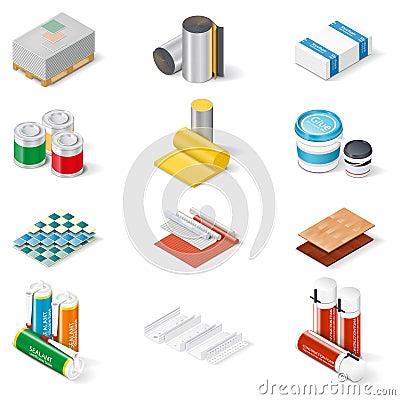 Decoration and insulation materials isometric icon set Vector Illustration