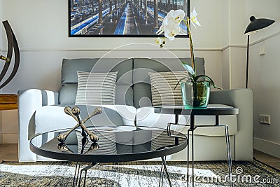 Decoration of a living room with a black glass side table and a gray fabric Editorial Stock Photo