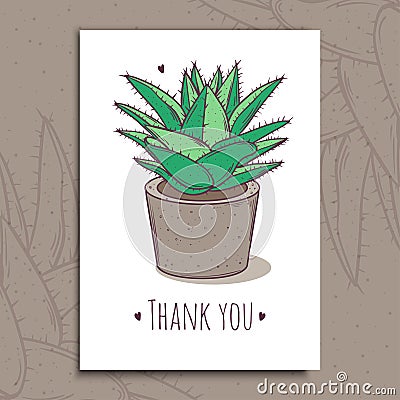 Decoration plant succulent. Greeting post card thank you text. Vector illustration. Vector Illustration