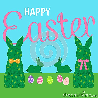 Decoration Rabbit shape topiary illustration Happy Easter greeting card Vector Illustration