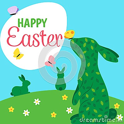 Decoration Rabbit shape topiary illustration Happy Easter greeting card Vector Illustration