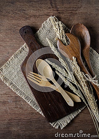 Decoration Seasonal table setting with wooden spoon and fork on Stock Photo