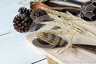 Decoration Seasonal table setting with wooden spoon and fork Stock Photo