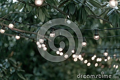 Decoration of the street with vintage Edison incandescent bulbs garland Stock Photo