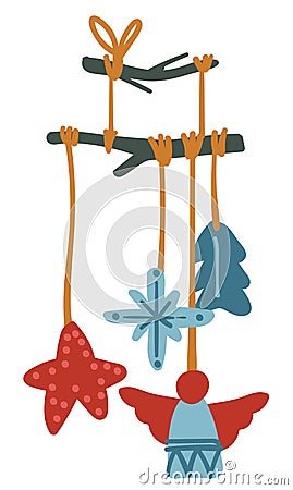 Decoration for xmas, hanging wooden cuts on stick Vector Illustration