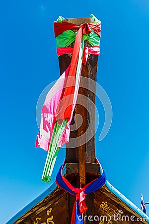 Decorations on the bows of a traditional longtail boat in Phi Phi Island, Thailand. Editorial Stock Photo