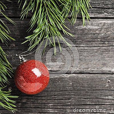 Decorations of green fir branches, red glass Christmas balls Stock Photo